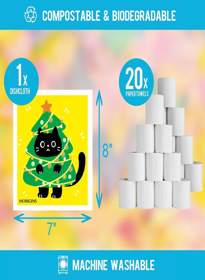 Morigins Colorful Christmas Black Cat Swedish Kitchen Towel Winter Snowflake Christmas Bell Absorbent Hand Towel Reusable Quick-Dry Kitchen Cleaning Cloth Cellulose Sponge Cloth 6-Piece Set - Image 2